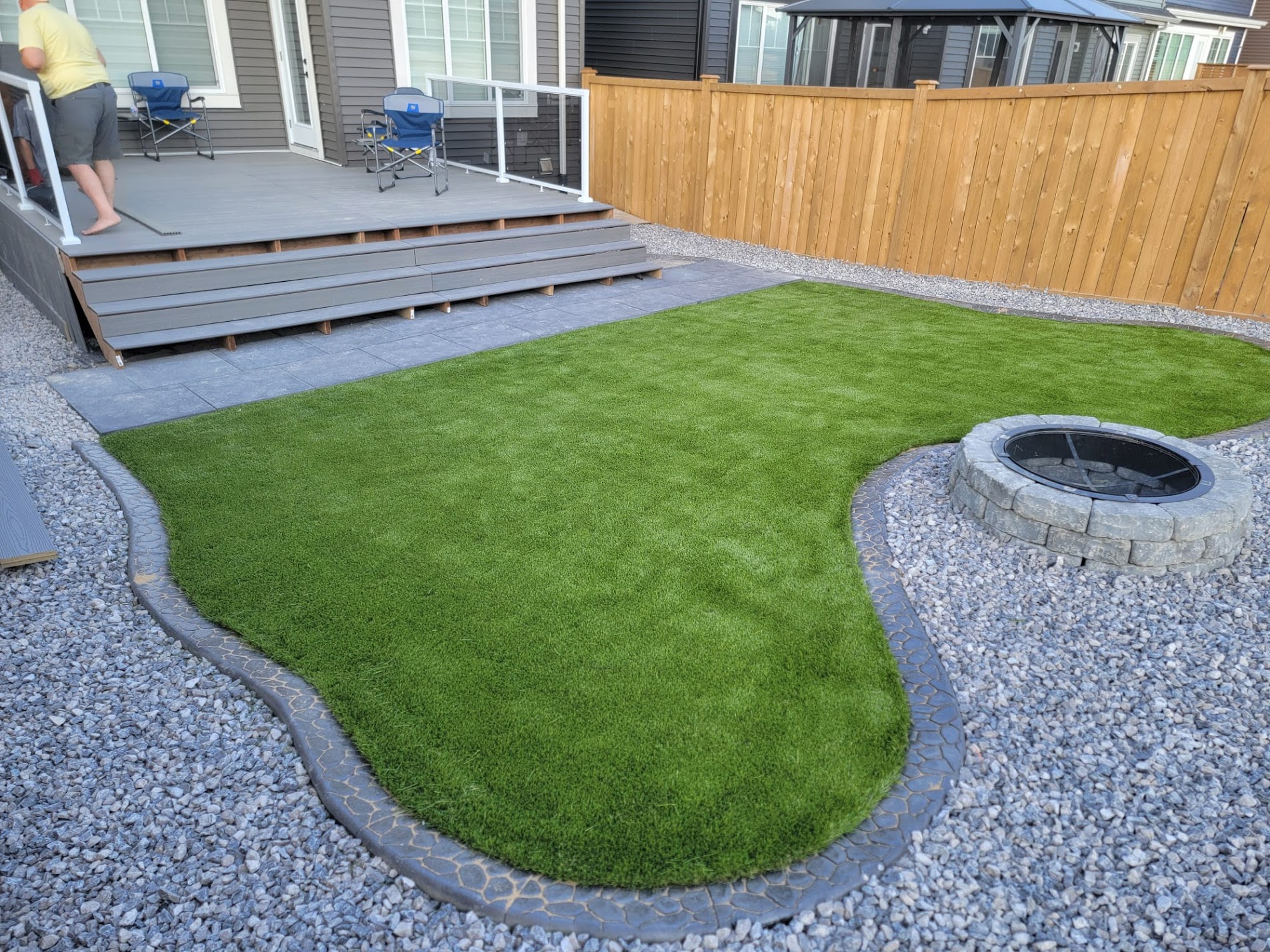 Backyard artificial turf with paver border and stone fire pit