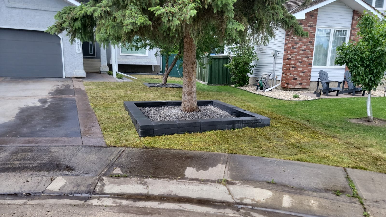 Front yard tree planter with charcoal paver border and rock fill
